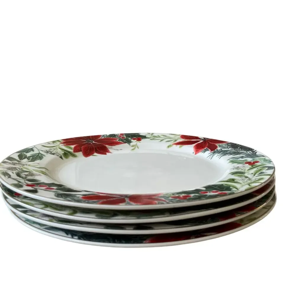 Grace Teaware Christmas Poinsettia Dinner Plates 10.5in Set of 4 Holiday New